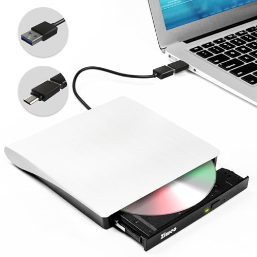 Ziweo External DVD Drive USB 3.0 Type-C Portable CD DVD +/-RW Drive for Laptop DVD Player CD ROM Rewriter Burner Compatible with Laptop Desktop PC Windows MacBook Mac Linux Mac OS Upgrade White