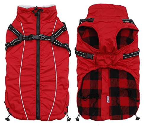 Geyecete Winter Warm Coat with Super inner fleece Dog Jacket Windproof snowproof with Buckle and D-Ring with hood,Pet outdoor jacket - Red - S