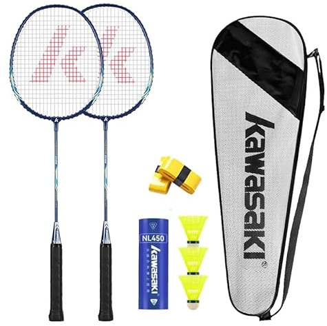 Kawasaki Badminton Racket Set of 2, Lightweight Professional Rackets with 3 Shuttlecock, 2 Overgrips and 1 Bag, Graphite Shaft Alloy Frame Badminton Sets for Sports and Entertainment (Blue)
