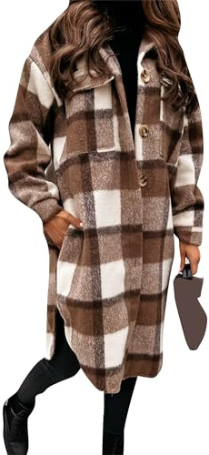 Yming Karierte Freizeitjacke Für Damen Übergröße Tartan Mit Taschenrevers Vintage Flanellbluse Kaffee XXL