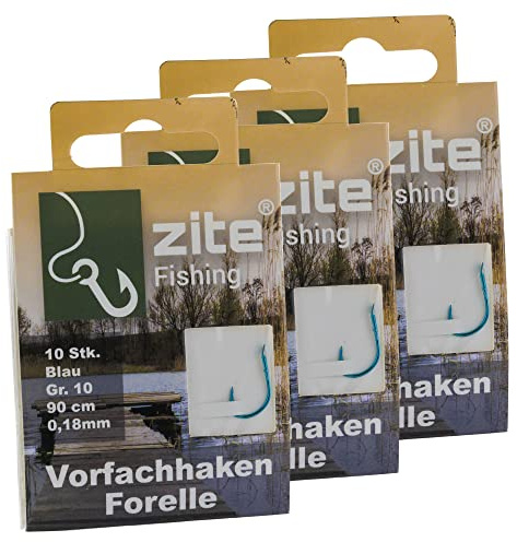 Zite Fishing Vorfach-Haken Forelle Gebunden 30 Stück – Größe 10 Angelhaken mit Vorfach-Schnur – Forellenhaken Blau mit Angelschnur