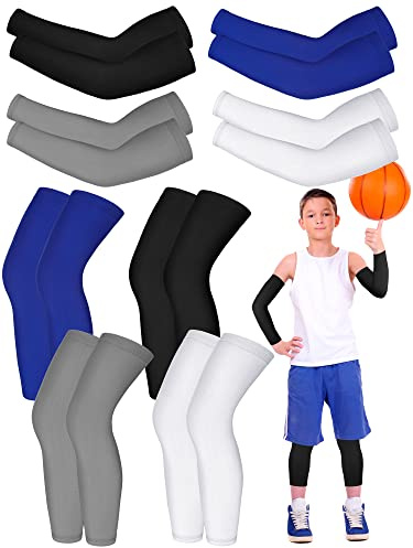 Patelai 8 Pair Kids Arm and Leg Sleeve Set Non Slip Long Compression Basketball Soccer Football Leg Sleeve for Boy Girl Youth(Xlarge,White, Black, Blue, Gray)