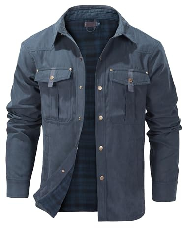 Mr.Stream herr rutig flanellfoder jacka skjortjacka övergångsjacka lätt ståkrage fältjacka cargo höstjacka snap western cowboy jackor, blå, XXL