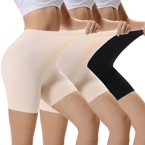EKSHER Cykelbyxor, dam, korta leggings, hög midja, byxor, underklänning, kjol, ogenomskinliga, shorts, anti-skavning, säkerhetsshorts, 3-pack, Beige x 2 + svart, L