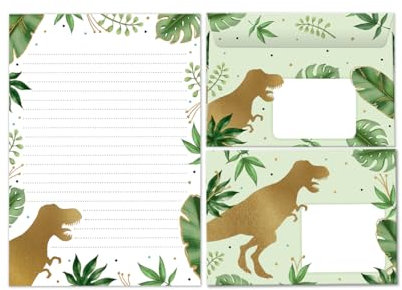 Briefpapier-Set Briefblock mit Umschlag für Jungen Jungs Kinder Dino Dinosaurier Kindermotiv Notizblock liniert (Block A5 mit 25 Blätter + 15 Umschläge)