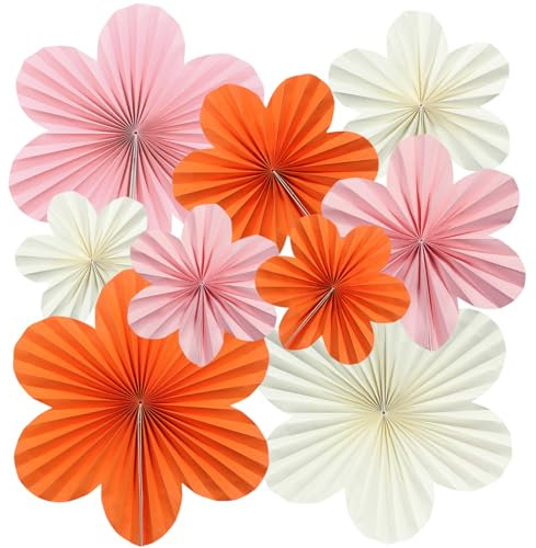 Surflyee 9 Stück Papierblumen Deko Hängend, Blumen Papier Deko, Fächer Dekoration, Papier Blumen Hängende für Geburtstagsfeiern, Zusammenkünfte, Hochzeiten, Babypartys, Rosa Orange Weiß Papierblumen