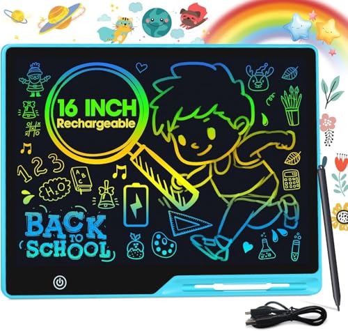 POPERFUN Tablette Dessin Enfant 16 Pouces Rechargeable, Ardoise Magique Multicolore, Protéger sa vue Tablette d'écriture LCD, Convient aux Enfants âgés de 2-10 Ans Jouets Anniversaire, Cadeau de Noël