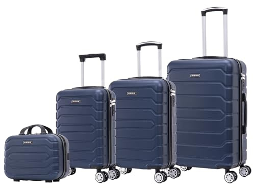 Conjunto de Maletas de Viaje Elegantes: Carcasa Ligera de ABS, Cerradura Numérica, 4 Ruedas Giratorias 360°, Asa Telescópica de Aluminio | Juego de 3 o 4 Maletas (8002, Azul Marino)