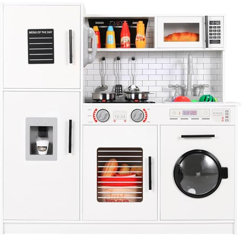 Clevich Cuisine Enfant avec Effets Lumineux et Sonores Simulés Salles Denfants, Jardins Denfants, Garderies, Crèches MDF Jouet Éducatif Sons et Lumières Grand Rangement - Bois/Blanc 82x80x25 cm
