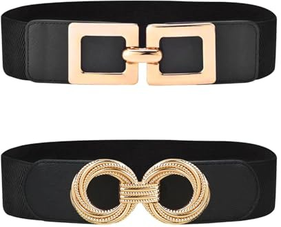 HDGSAFD Pack De 2 Cinturones Negros, Cinturones De Mujer, Cinturón Moldeador De Cuerpo Con Hebilla De Metal, Cinturones Elásticos, Cinturones Sencillos Y De Moda.