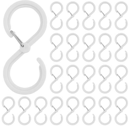EASYKEENECOM 26 ganci a S, ganci da appendere, anti-goccia, ganci con fibbia di sicurezza per asta appendiabiti, ganci piccoli, per cucina, bagno, camera da letto, ufficio, giardino (bianco)