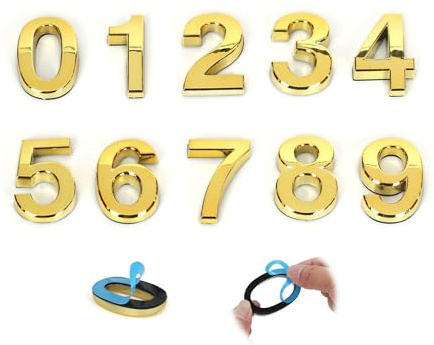 NumRealm Door Number, 3D Waterproof House Numbers, Self Adhesive Mailbox Address Garden Apartment Hotel Signage, Gold-0 to 9