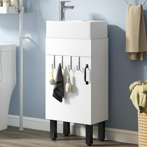YITAHOME Mueble de baño de 40 cm, con Puerta, con Lavabo, con 2 Ganchos, para baño, Cocina, Color Blanco, Grifo no Incluido