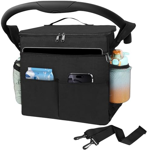 HOTUT Grande Bolso Carro Bebé Universal, Bolsa Organizadora de Cochecitos para Mamá, Universal Impermeable Multifuncional de Gran Capacidad, 2 Bolsillos de Malla y Correas de Hombro Ajustables