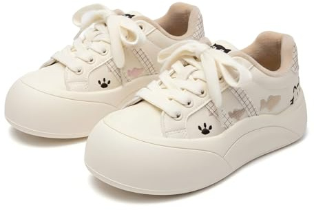 Women's Platform Sneakers Cartoon Graphic School Walking Shoes Trendy Fashion Trainers Comfortable Low Top Creepers Stylish Casual Kicks (Beige,6.5)