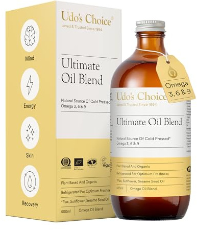 Premium Natural Source of Vegan Omega 3, 6 & 9 – Udo's Choice Ultimate Oil Blend - Cold Pressed – Plant-Based – Unprocessed – Supports Optimum Health – 500ml