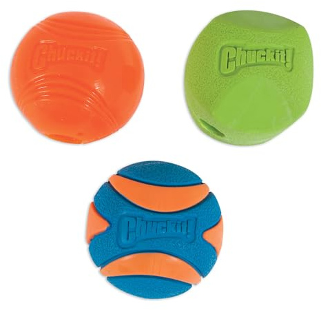 ChuckIt! Fetch Gummi hundboll Medley, Strato, ostatisk, ultra gnisslande bollar för hundar, hållbar högstudsande launcher kompatibel hundleksak gen 2 – 3-pack, medium | Chuckit! Hundbollsleksaker för medelstora raser, 6 cm; 3-pack inkluderar felfria, Strato- och Ultra Squeaker-bollar