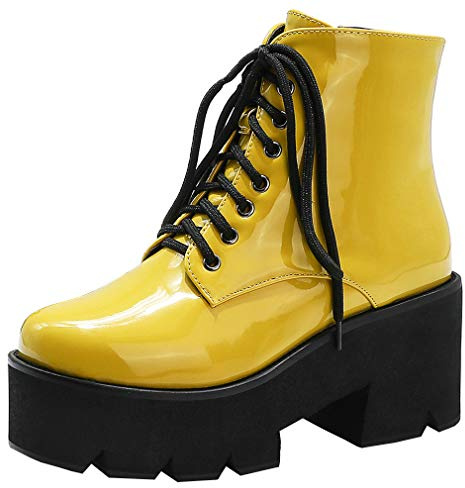 Parisuit Women's Chunky Gothic High Heels Lace Up Ankle Boots Patent Leather Platform Booties Fashion Punk Shoes-yellow size 6