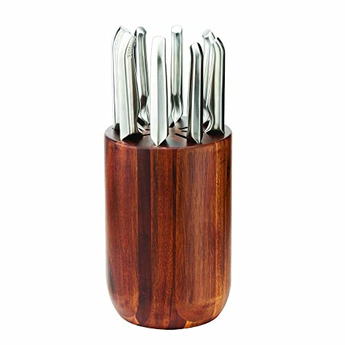 Furi Pro Capsule Knife Block Set 9 pc, Acacia Block with Seven Premium Knives and one Fork for a Superior Cutting Performance, Stainless Steel Blades, Ergonomic Reverse-Wedge, Anti-Fatigue Handle