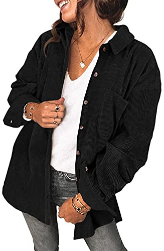 Saslax Womens Corduroy Shirt Long Sleeve Oversized Button Up V Neck Blouses Tops Loose Shacket Jacket with Pockets Black S