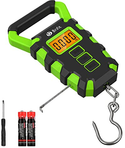 Brifit Digitale Kofferwaage, 50 kg Digitale Fischwaage mit Angelhaken, Gepäckwaage, IPX4 wasserdichte Hängewaage mit Maßband, Hintergrundbeleuchtung LCD-Anzeige, 2 AAA Batterien enthalten (Grün)