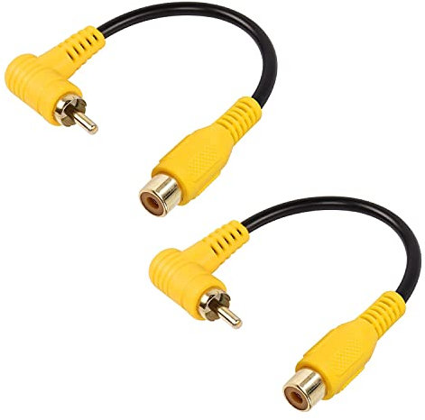 SinLoon Kurzes Cinch-Kabel, 2er-Pack 90-Grad-Cinch-Stecker auf Buchse, Stereo-Audiokabel, vergoldet, kompatibel mit Lautsprecher, AMP, Plattenspieler, Receiver(15 cm Male to Female)