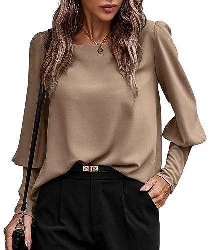 KONFEN Camicetta Donna Maglia Donna, Maglie Girocollo Maniche Lunghe con Manica a Lanterna e Bottoni, Maglietta Lunga Donna Eleganti Casual Top per Autunno Inverno, Marrone XXL