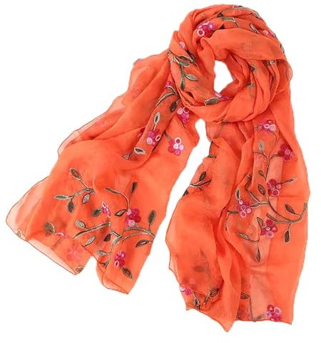 Pluto & Fox Fular De Mujer Bordado Con Flores Bufanda De Seda Diseño Retro Elegante Pañuelo cuello Estola (Naranja, 75cm*175cm)