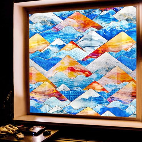 Beautsaid Window Privacy Film Stained Glass, Rainbow Window Film Decorative for Bathroom, Peel and Stick Window Cling Removable(Mountains,16.9 x 39.4 inch)