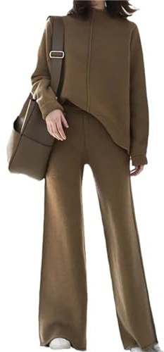 Agiyenna Costume Tricoté Femme Pour Ensemble De Sport 2 Pièces Pull + Pantalon Col Montant Ample Combinaison De Loisirs Hauts Et Pantalons Évasés Vêtements De Détente En Gros Tricot Streetwear
