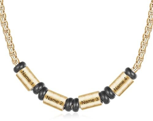 Amsgedhie Collier rond en or pour homme sur chaîne en acier inoxydable, 54 cm de long, personnalisé avec les noms de la famille/du partenaire/des amis (1-6 noms) (Nom 4)