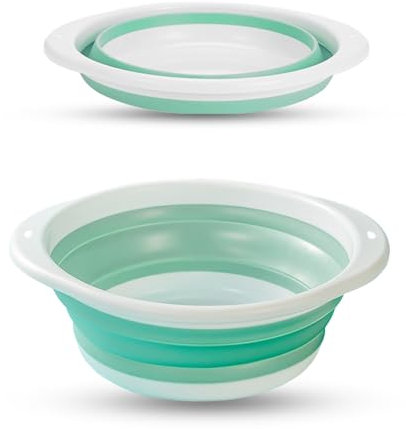 Collapsible Washing Up Bowl, Portable Folding Hand Wash Basin, Multipurpose Outdoor Travel Basin, Washing Up Bowl, Silicone Bowl Tub for Travel Camping Caravans Baby & Adult Wash (Green White, Medium)