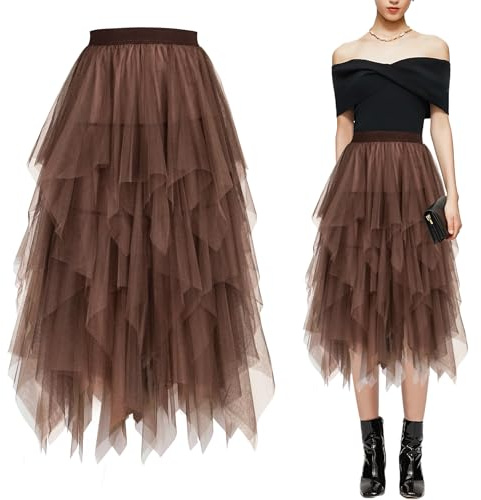 Baogaier Falda Tul Mujer, Marrón Elegante Tutu Cintura Elástica Midi Falda Irregular Bajo la Falda en Múltiples Capas Falda Plisado A-Line, Carnaval Fiesta Bodas Disfraz