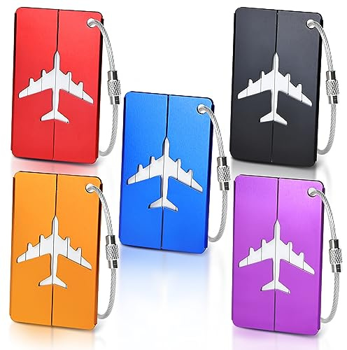 MOXYOY 5-Piece Metal Luggage Tags Set,Durable Aluminium Travel Suitcase ID Tags with Stainless Steel Cable Ties & Waterproof PVC Cards