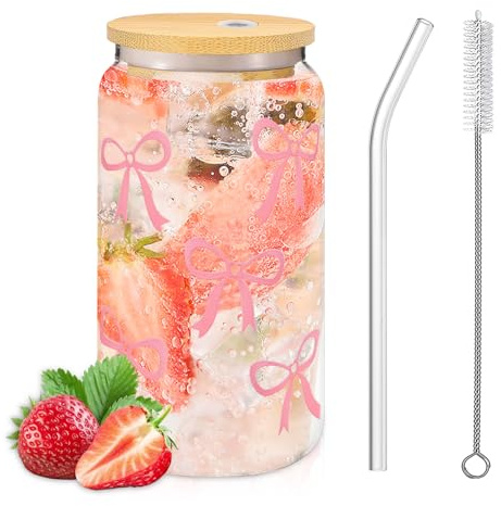 Forbabe 1 bicchiere in vetro Bow da 500 ml, con coperchio e cannuccia, 16 oz, bicchieri da long drink in vetro, per caffè, soda cocktail e molto altro ancora