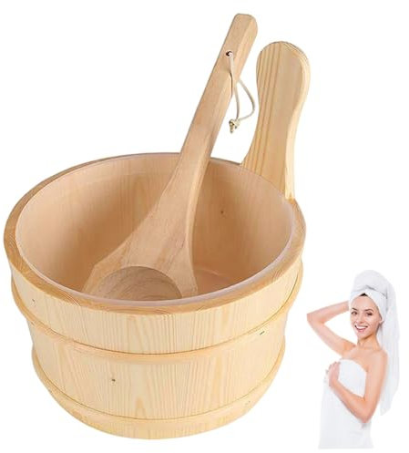 Seau de sauna et louche, seau à eau sauna en bois de capacité avec doublure en plastique, accessoires bain fournitures pour la maison à la vapeur l'hôtel