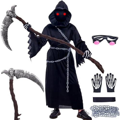 Tankermo 7er Sensenmann Kostüm Kinder mit Deluxe Sense(123 cm) & Leuchtenden Augen Set,Halloween Kostüm Kinder Gruselige Grim Reaper Tod Geisterkostüm Jungen Mädchen Costume Cosplay Outfit Party