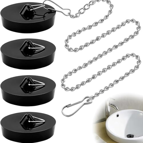 Lot de 4 bouchons de lavabo avec chaîne, diamètre 45,5-42 mm, noirs