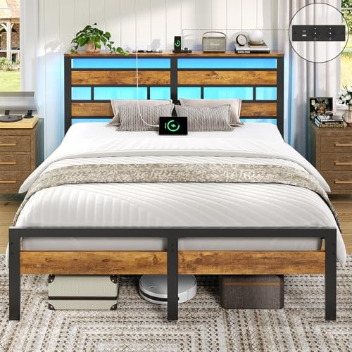 Brinlawb Cadre de Lit 140x200 avec Sommier Métal Lit 2 Personnes avec Lumières LED et Multiprise, lit Double 140x200 cm avec Étagère de Rangement, Cadre en métal, Facile à Assembler, Marron Vintage