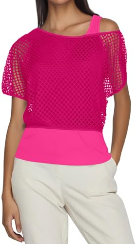 Déguisement Années 80 90 Femme Fluo T-Shirt Resille, T-Shirt en Maille pour Femme, Débardeur Jambières Gants en Maille Costume, Kit Accessoires Carnaval Vêtements D'aérobic Fête Thème