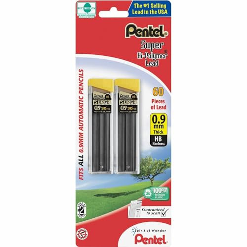 Pentel Super Hi-Polymer Lead Refill, 0.9 mm Thick, HB, 60 Pieces of Lead (C29BPHB2), Gray