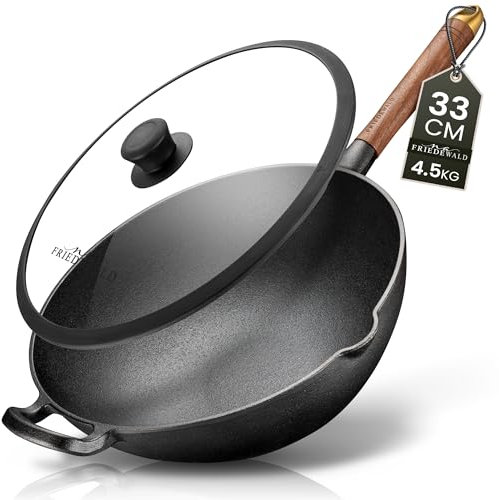 Friedewald® Gusseisen Wok mit Deckel - induktionsgeeignet - 33cm 5L / für 4-6 Personen - alle Herdarten - massive große Grill & Bratpfanne - Anti-Haft Beschichtung - hoher Rand - Schmorpfanne