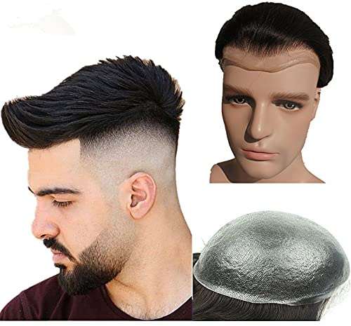 N.L.W. Parrucca Uomo PU Toupet Pezzi di Capelli Umani Europei per Gli Uomini Sostituzione dei Capelli Sistema 8×10 Pollici Parrucche 0.06 Centimetri di Spessore Uomini Parrucca in Off Black