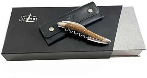 Forge de Laguiole - Cuchillo de camarero (mango de madera de roble fósil, acero inoxidable brillante, funda de piel y gamuza limpiadora)