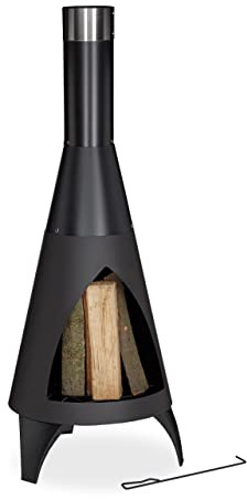 Relaxdays Poêle à Bois de Jardin, 120 x 48 x 50 cm, tisonnier Inclus, en Acier, terrasse, extérieur, Couleur Noire