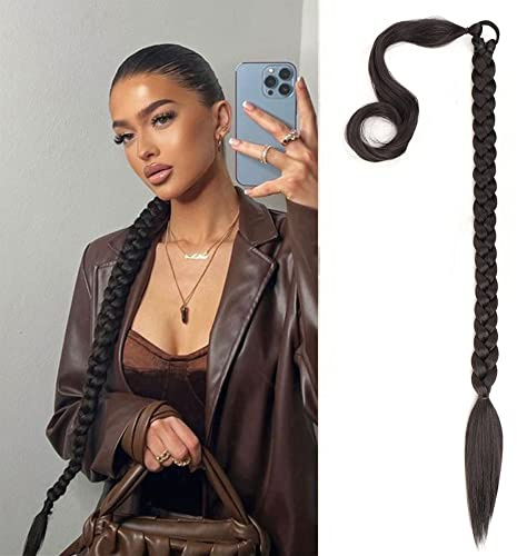 QKEPCY Coleta Postiza Larga Extension Postizo Trenza Coleta Cola de Caballo Extensiones Liso Postizos de Pelo Sintético Extensiones Pelo Natural para Mujer Chica 80cm (Castaño Oscuro)