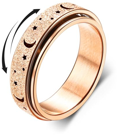 Diamday Anillos Giratorios para Ansiedad y Estrés - Fidget Band Inoxidable Spinner Ring Antiestrés para Mujeres y Hombres - Estilo Luna y Estrella en Oro Rosa 20