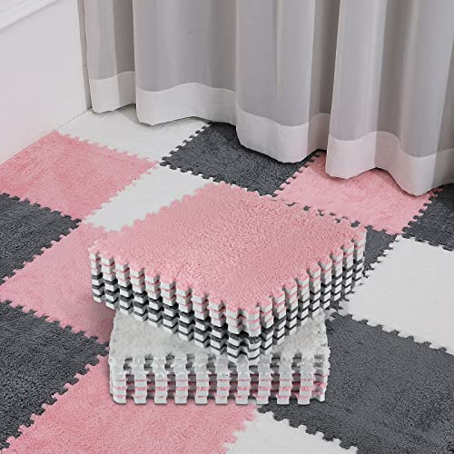 Amylove 36 Pack Plush Foam Floor Mat Square Interlocking Carpet Tiles with Border Fluffy Play Mat Floor Tiles Soft Climbing Rugs for Bedroom Playroom, 12 x 12 x 0.4 in(White, Pink, Gray)