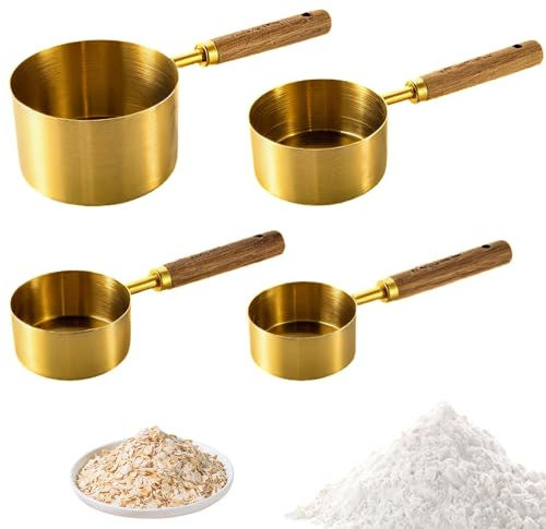 Ksvaye 4 Piezas Measuring Cups Cucharas Medidoras de Acero Inoxidable 60+80+125+250 ml Taza Medidora con Mango de Madera, para Medir Líquidos Sólidos, Cocina para Hornear