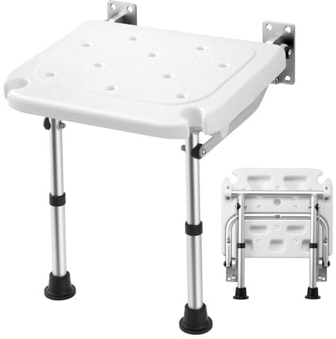 Sararoom Folding Shower Seat, 5-Level Height Adjustable Wall Bathroom Chair Stool with Non-Slip Feet,Drainage Holes, Shower Head Slot for Pregnant, Elderly, Disabled Individuals, 42 to 53 cm